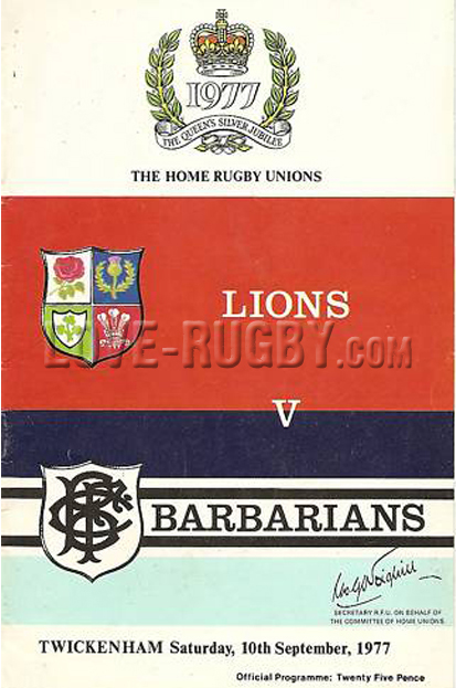 1977 British Lions v Barbarians  Rugby Programme